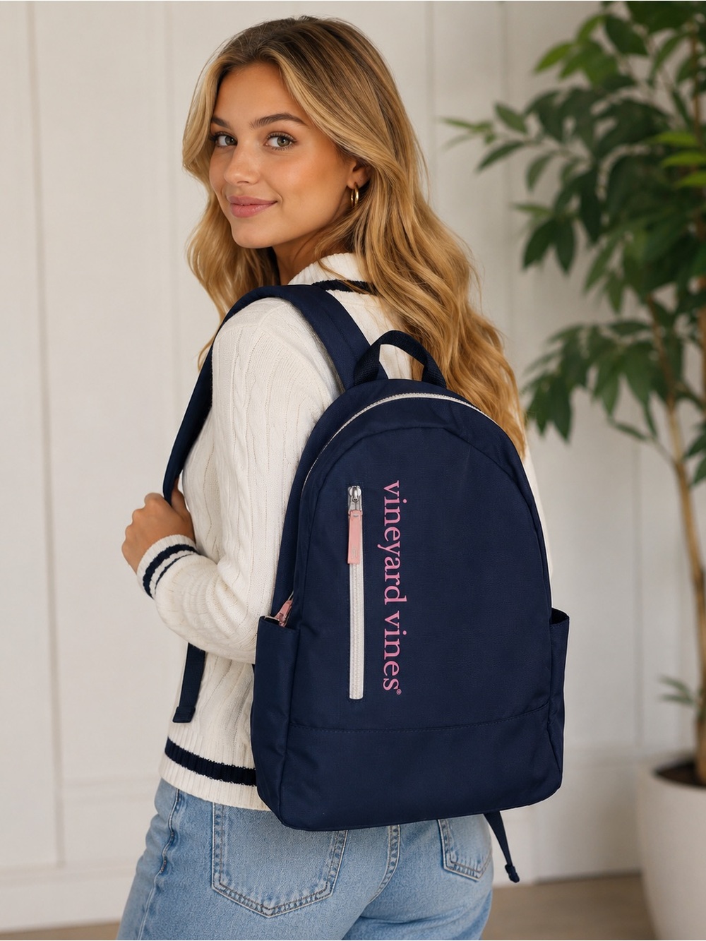Vineyard Vines Dark Blue Backpack with Pink Accents
